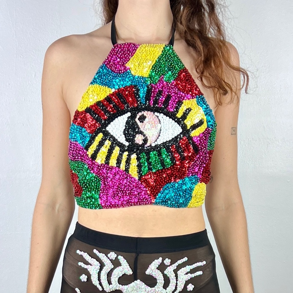 Discount Universe EVIL EYE Sequin Halter NWOT